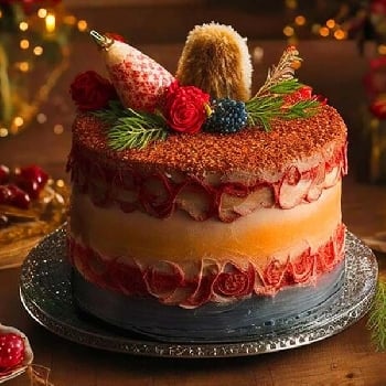 Christmas Themed Cake With Edible Roses and Cocoa Dusting