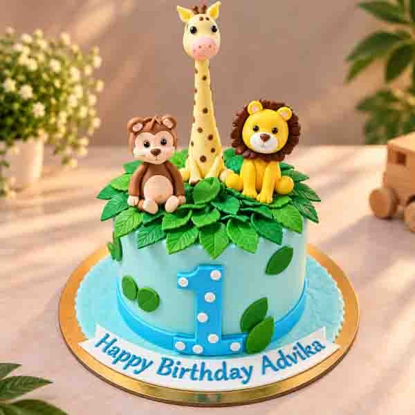Jungle theme first birthday cake