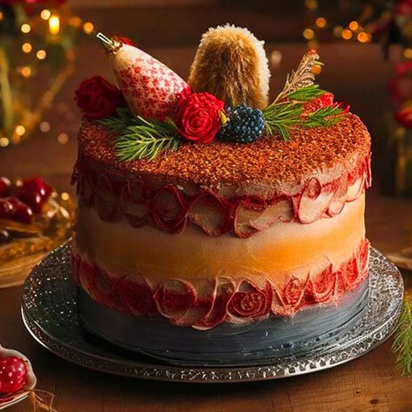 Christmas Themed Cake With Edible Roses and Cocoa Dusting