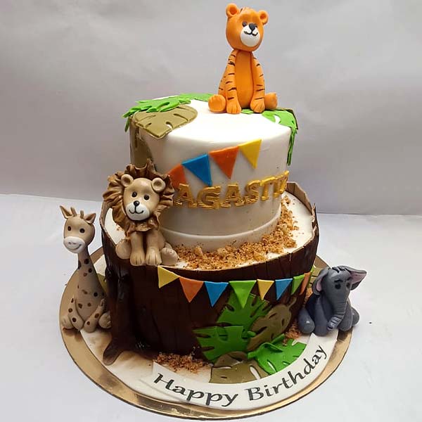 2 Tier Animal Theme 1st Birthday Cake